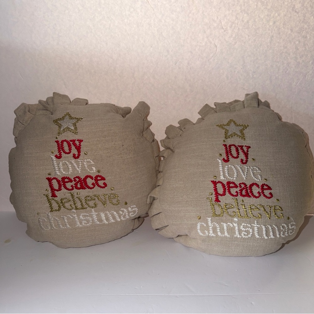 Jingles & Joy Merry Christmas 2 Embroidered Decorative Round Ruffled Pillow 14”